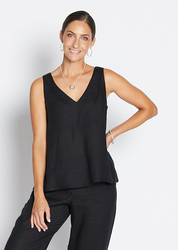 Gail Havana luxe linen reversible tank in black