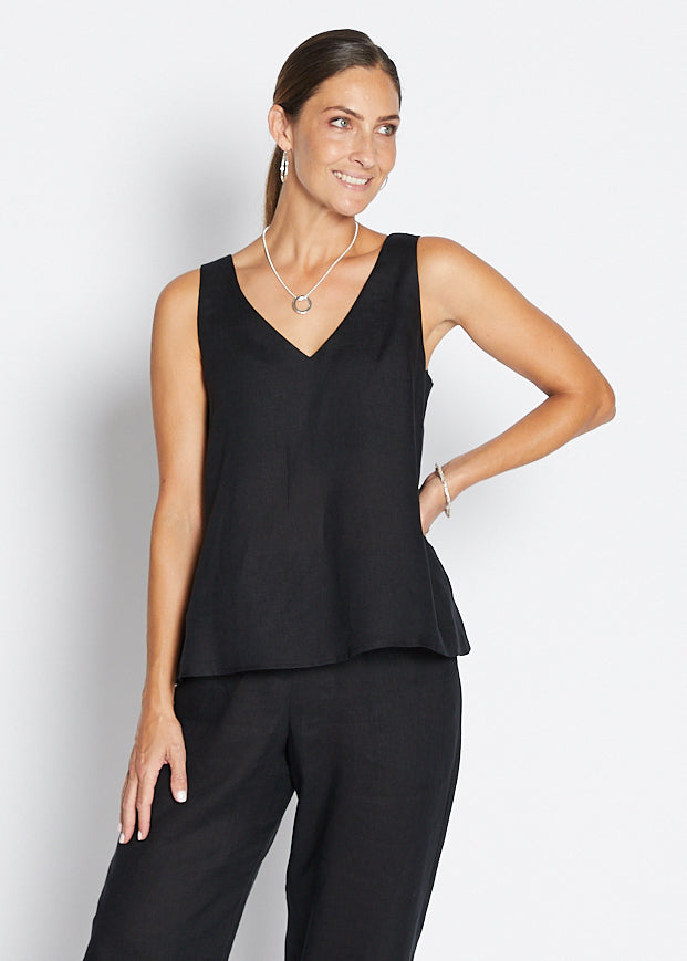 Gail Havana luxe linen reversible tank in black