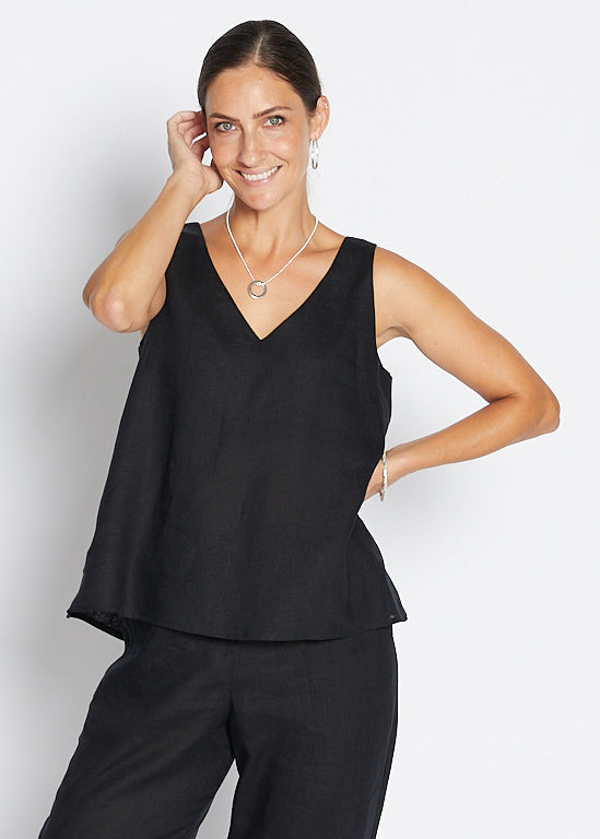 Gail Havana luxe linen reversible tank in black
