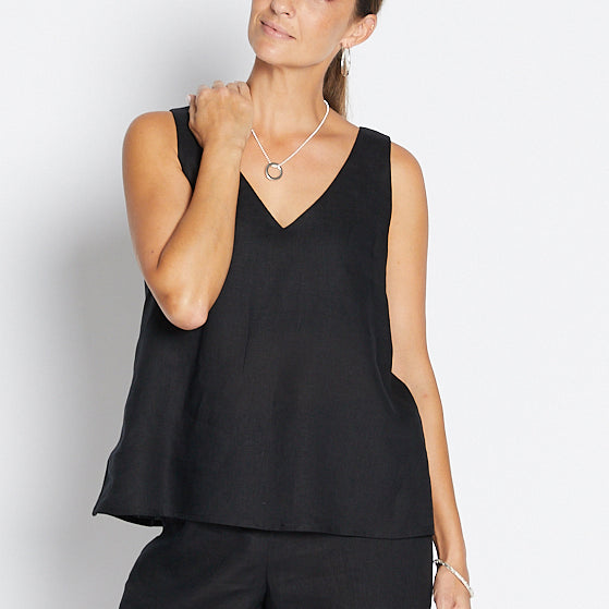 Gail Havana luxe linen reversible tank in black