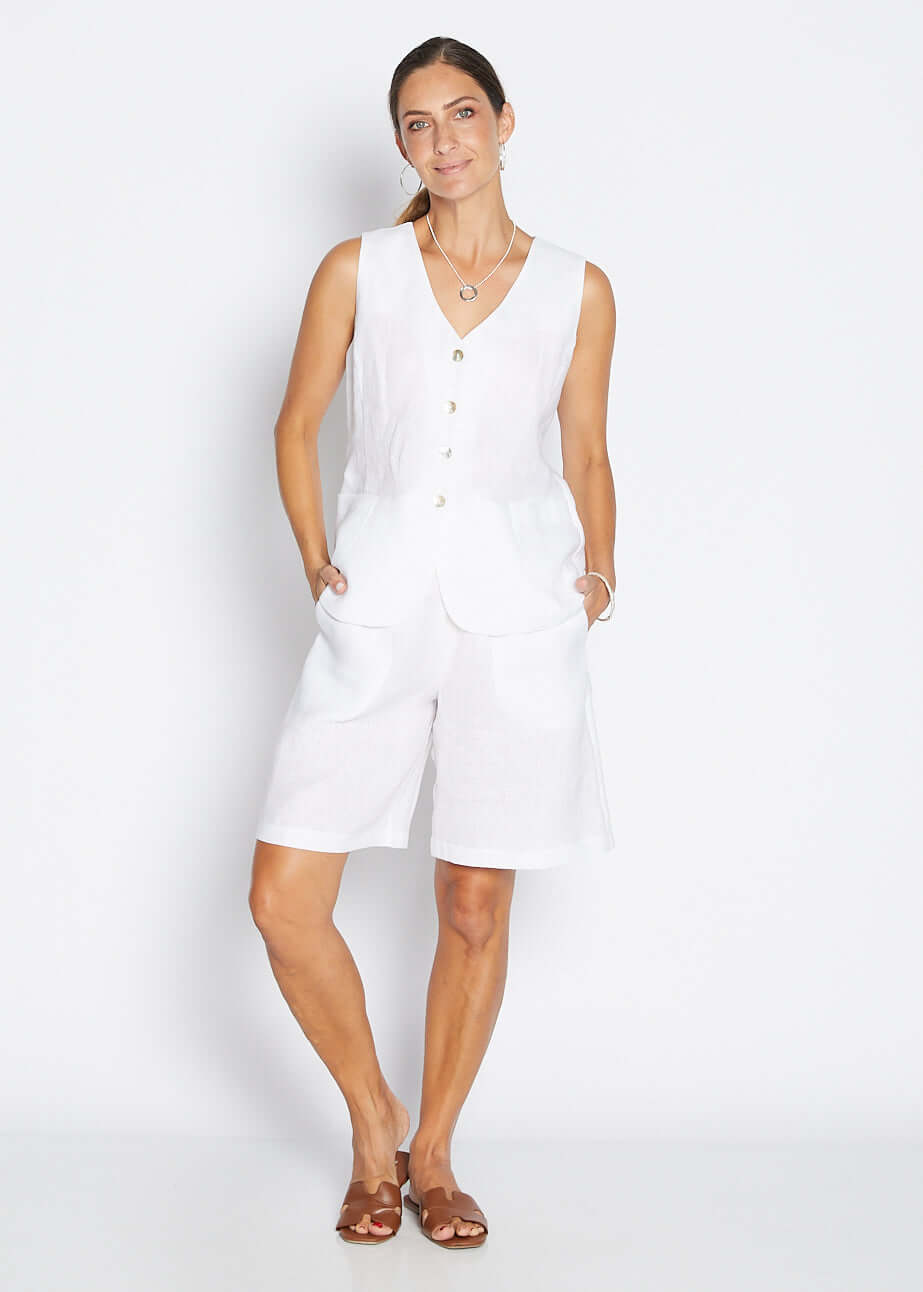 100% Luxe Linen Short With Pockets in White