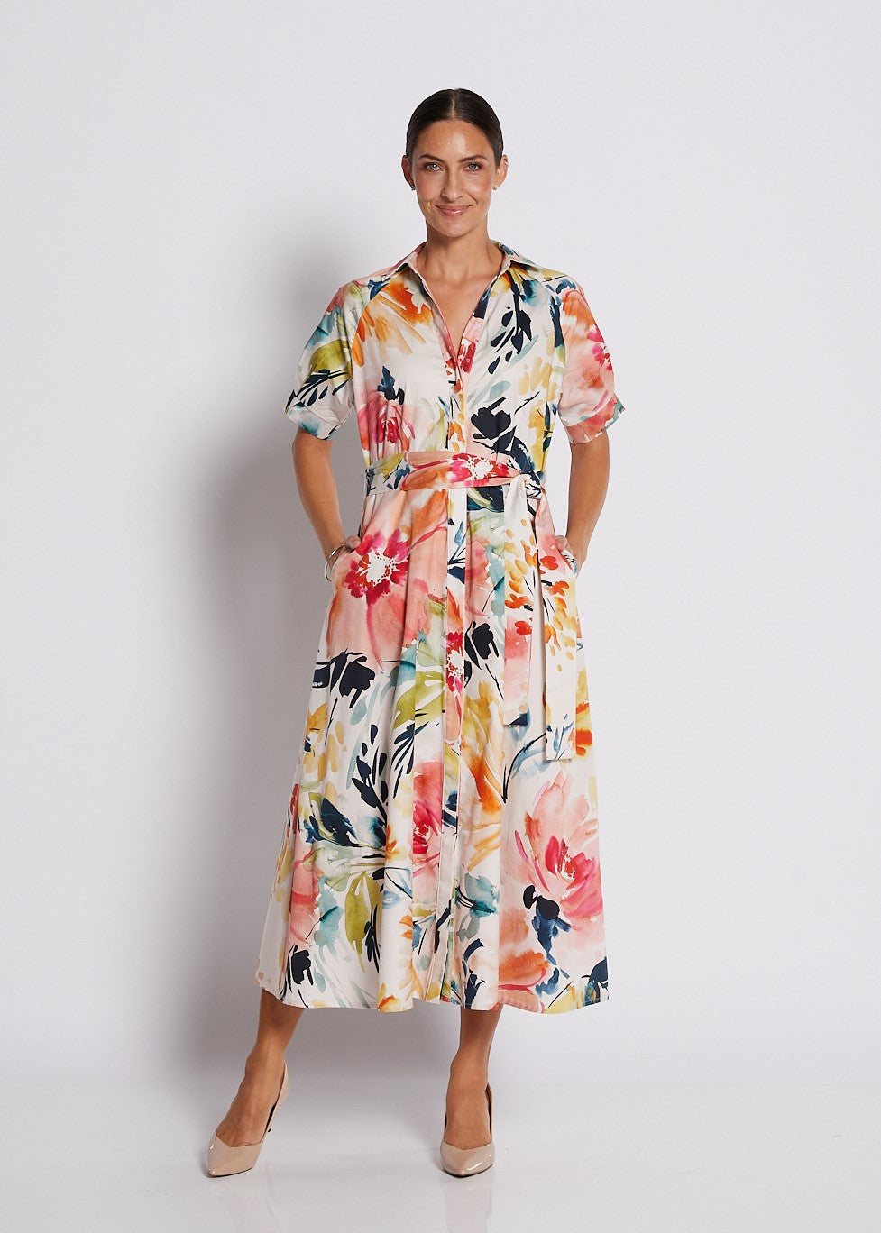 Cotton Printed Short Sleeve Midi Shirt Dress in Love Story