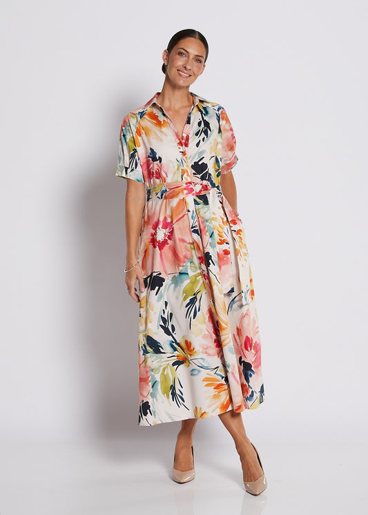 Cotton Printed Short Sleeve Midi Shirt Dress in Love Story