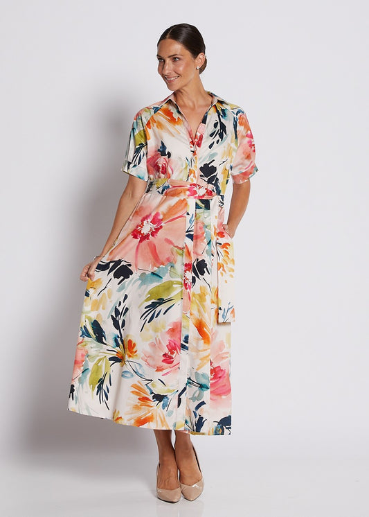 Cotton Printed Short Sleeve Midi Shirt Dress in Love Story