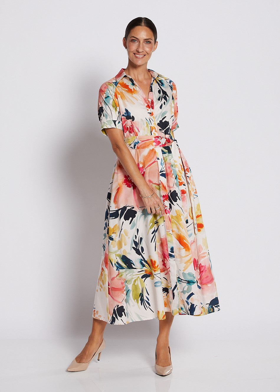 Cotton Printed Short Sleeve Midi Shirt Dress in Love Story