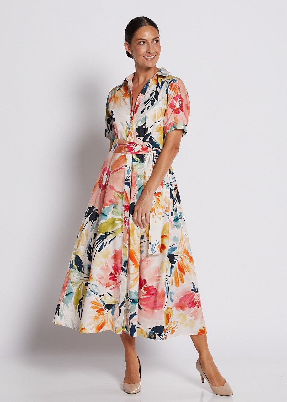 Cotton Printed Short Sleeve Midi Shirt Dress in Love Story