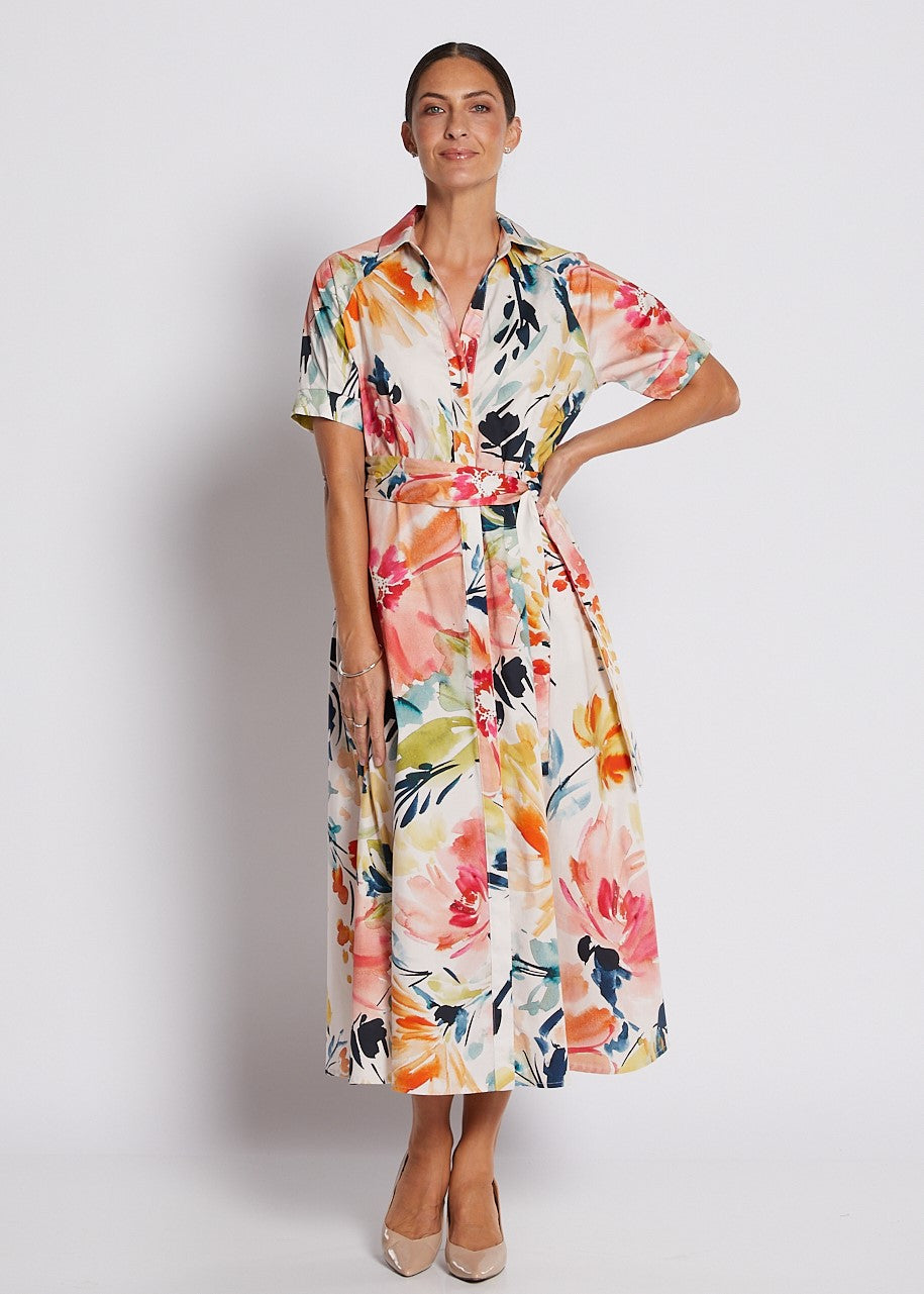 Cotton Printed Short Sleeve Midi Shirt Dress in Love Story