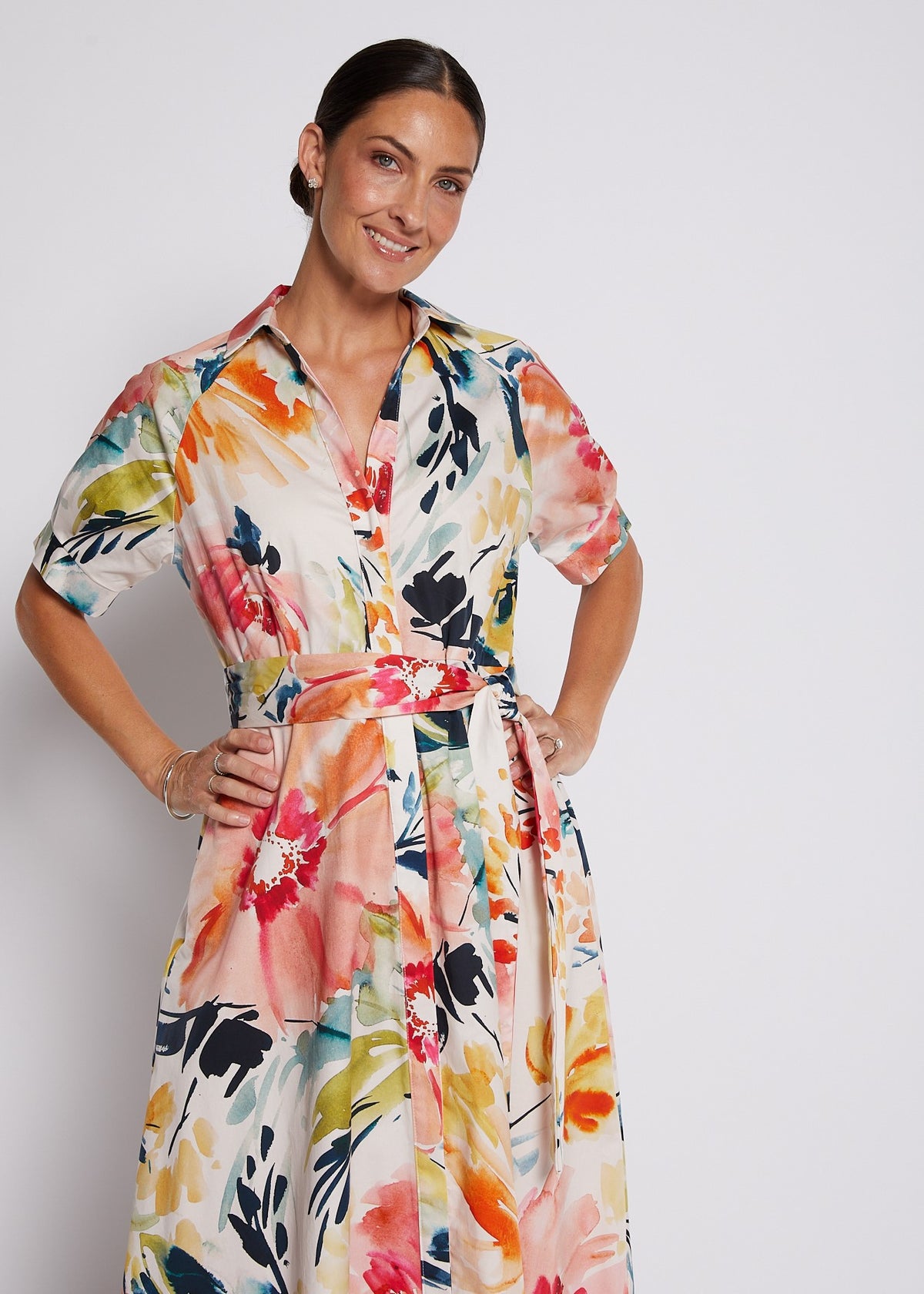 Cotton Printed Short Sleeve Midi Shirt Dress in Love Story