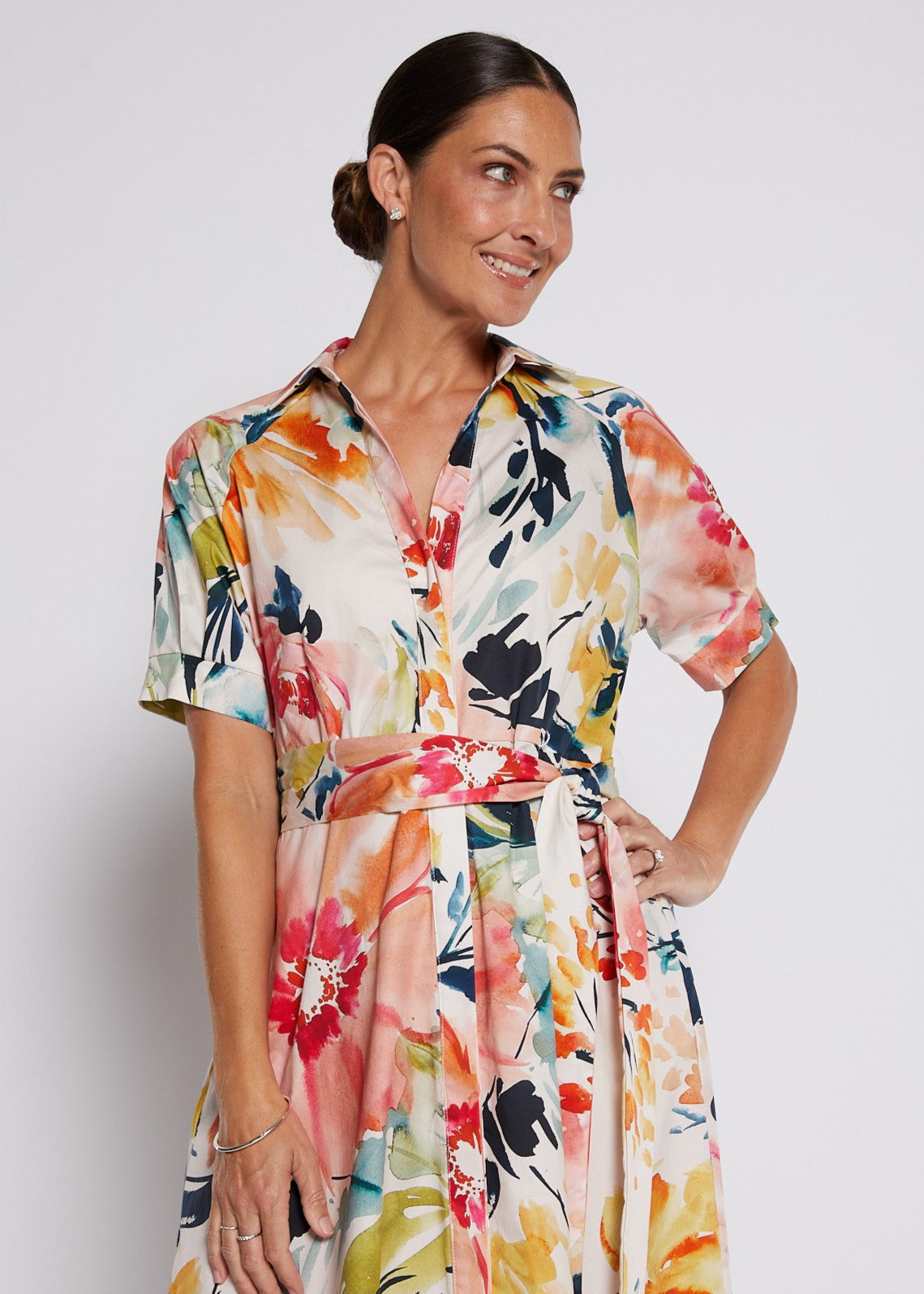 Cotton Printed Short Sleeve Midi Shirt Dress in Love Story