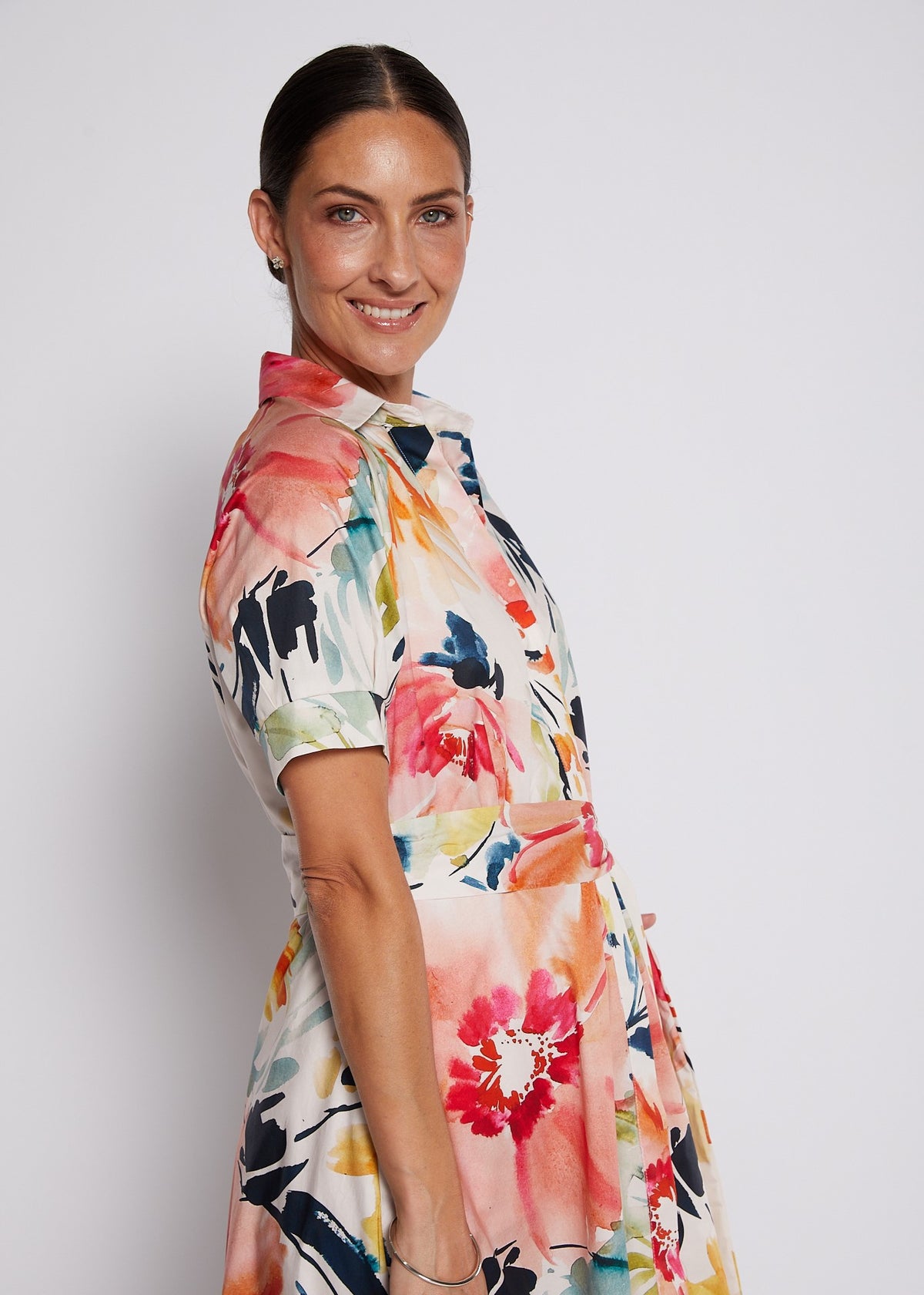 Cotton Printed Short Sleeve Midi Shirt Dress in Love Story