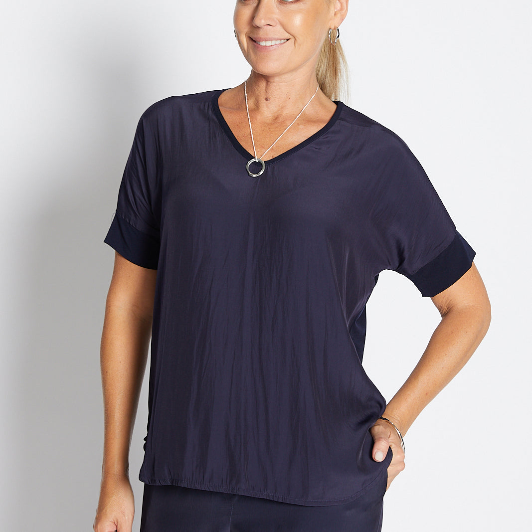 Philosophy Australia Angie Foundation slinky jersey V neck tee top in navy, made in Australia