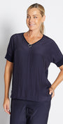 Philosophy Australia Angie Foundation slinky jersey V neck tee top in navy, made in Australia