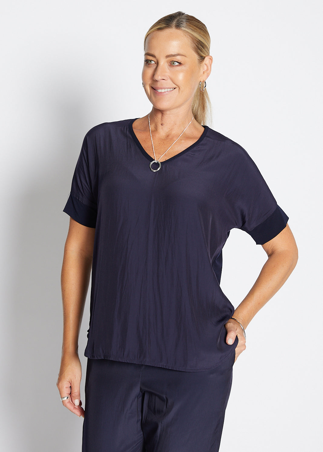 Philosophy Australia Angie Foundation slinky jersey V neck tee top in navy, made in Australia