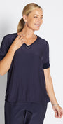 Philosophy Australia Angie Foundation slinky jersey V neck tee top in navy, made in Australia