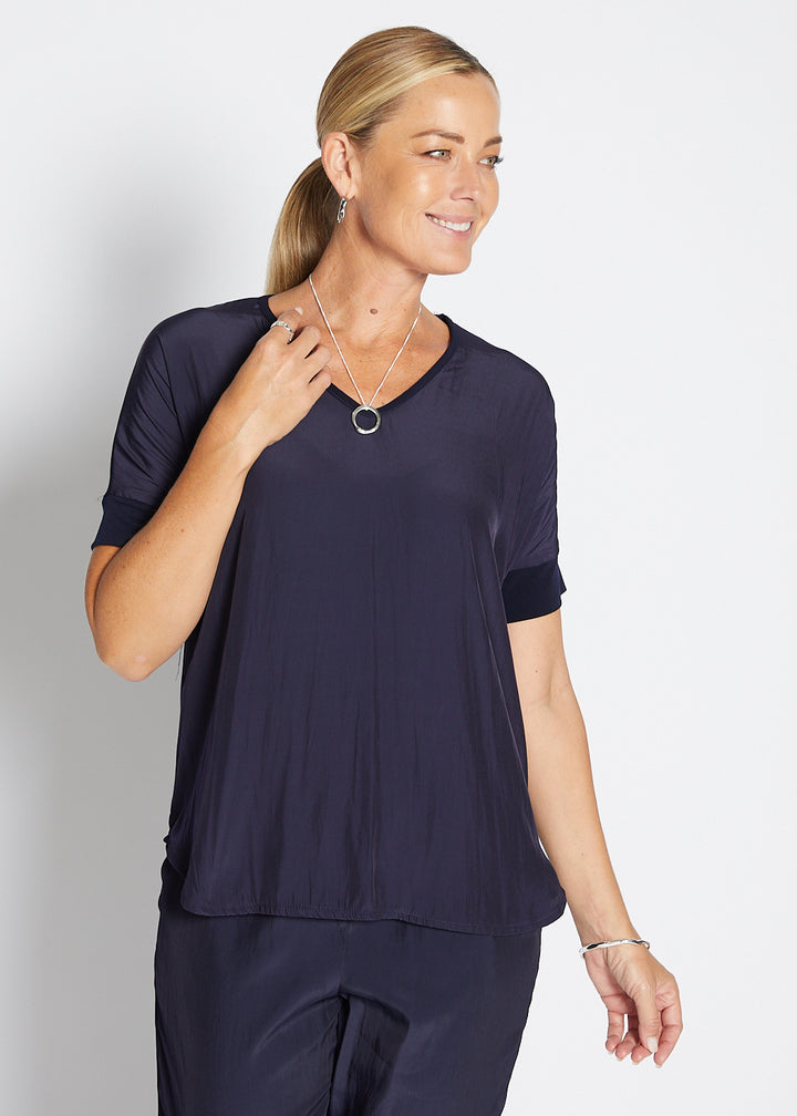Philosophy Australia Angie Foundation slinky jersey V neck tee top in navy, made in Australia
