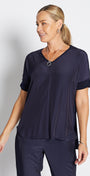 Philosophy Australia Angie Foundation slinky jersey V neck tee top in navy, made in Australia