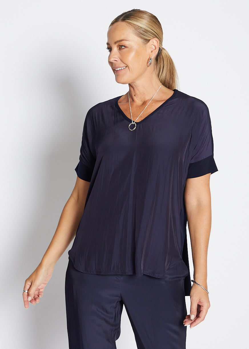 Philosophy Australia Angie Foundation slinky jersey V neck tee top in navy, made in Australia