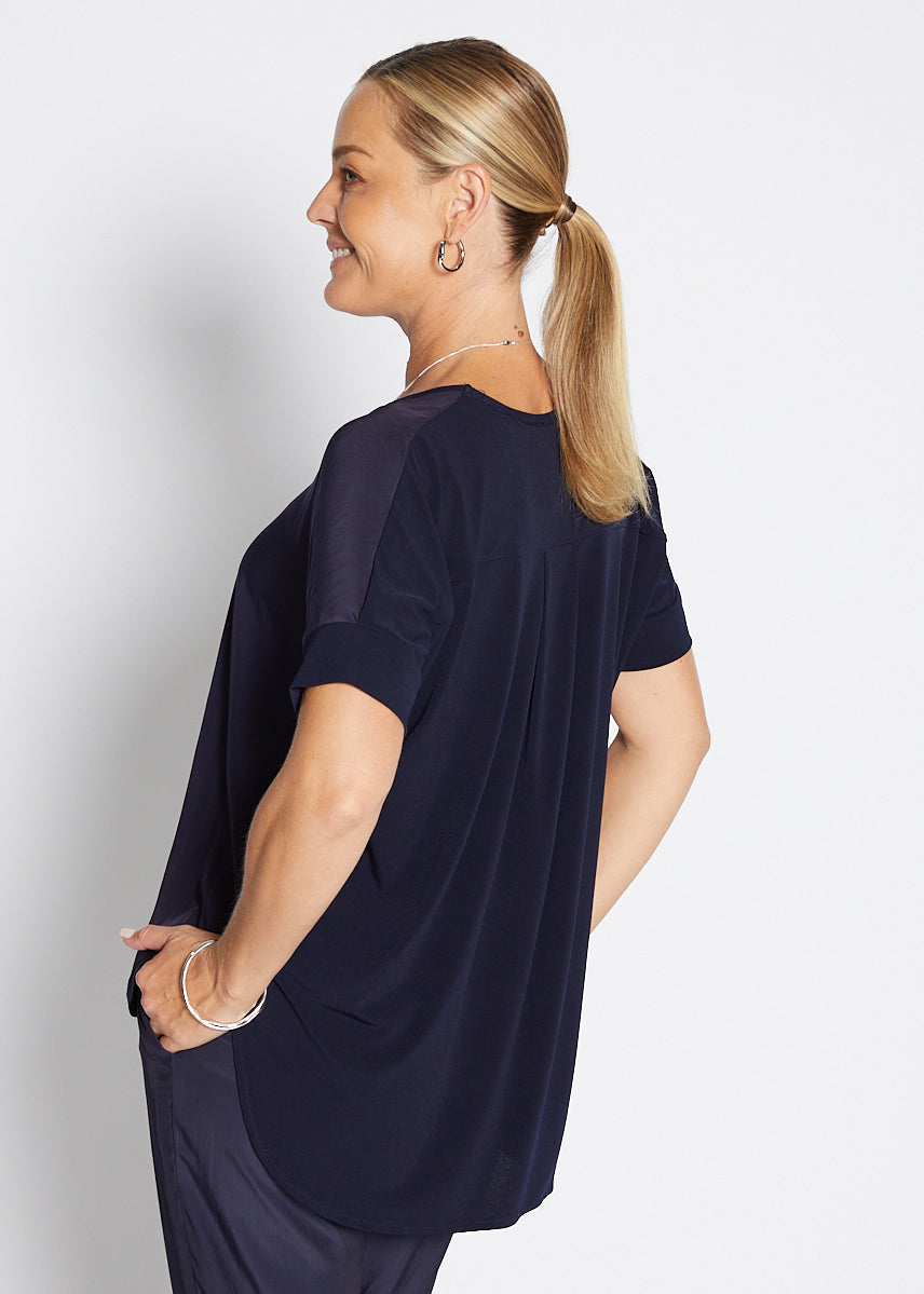 Philosophy Australia Angie Foundation slinky jersey V neck tee top in navy, made in Australia
