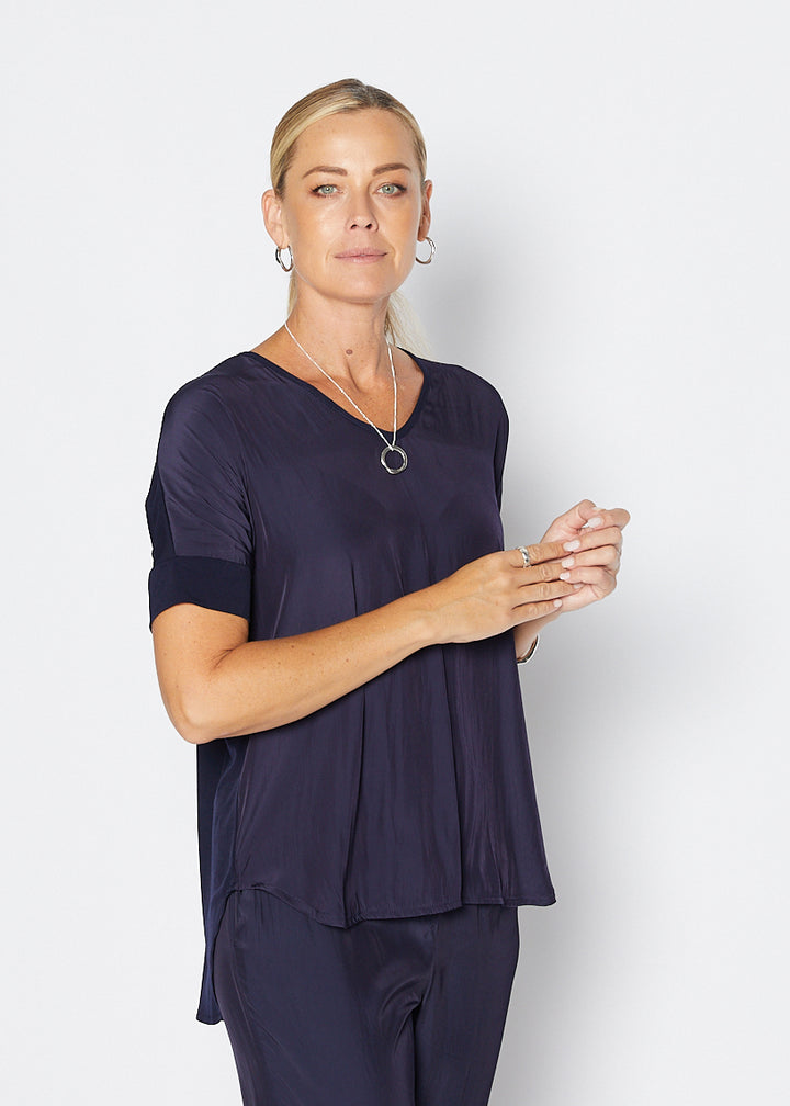 Philosophy Australia Angie Foundation slinky jersey V neck tee top in navy, made in Australia