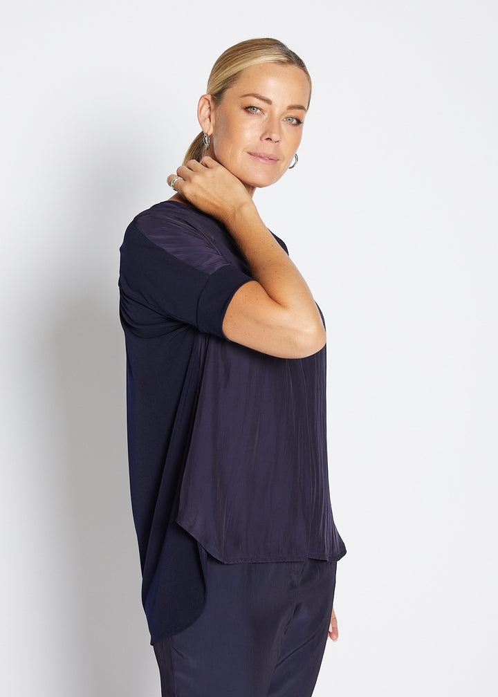 Philosophy Australia Angie Foundation slinky jersey V neck tee top in navy, made in Australia
