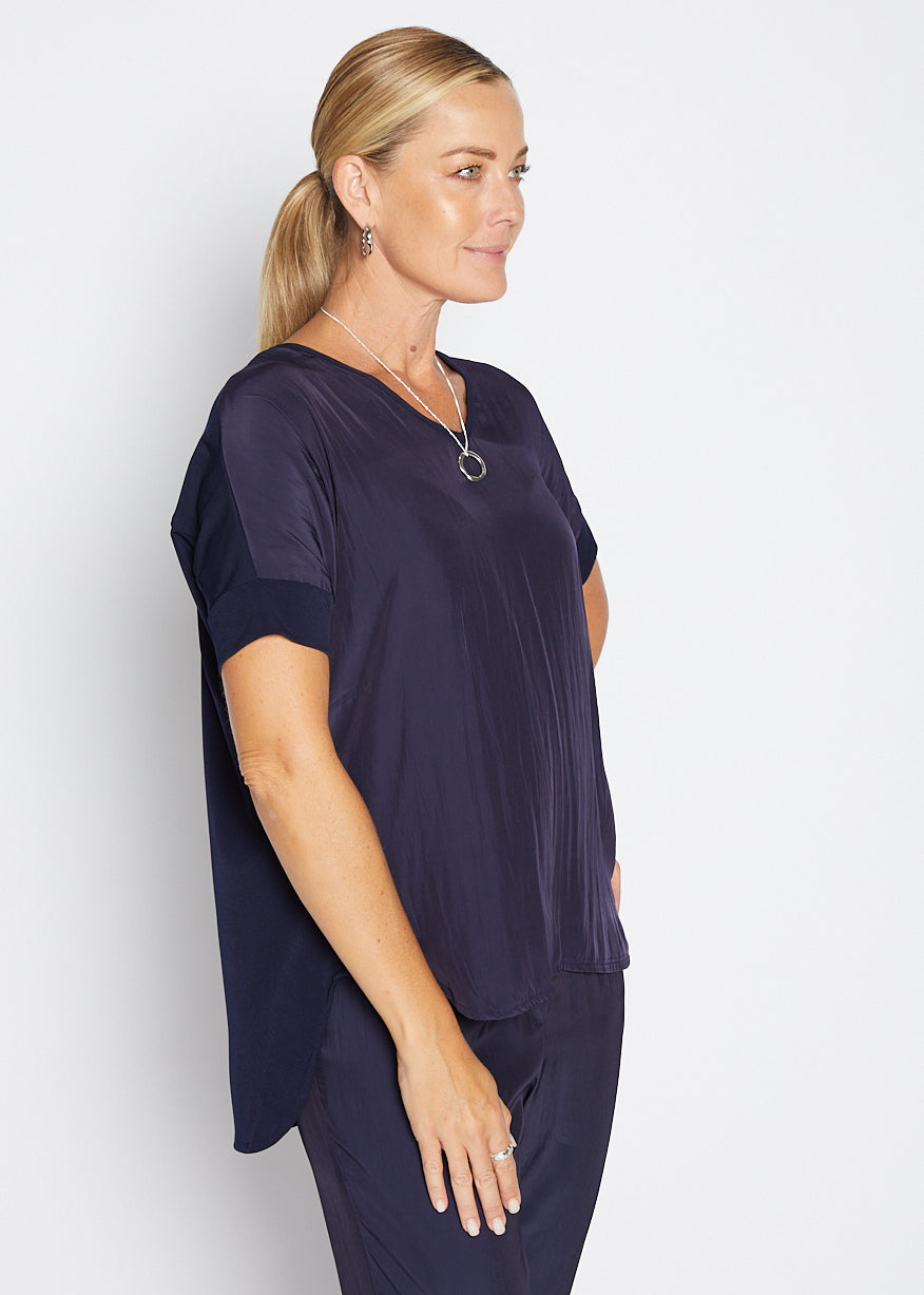 Philosophy Australia Angie Foundation slinky jersey V neck tee top in navy, made in Australia