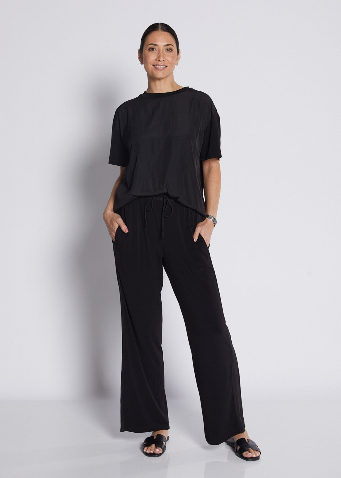 Jersey and Silky Spliced Relaxed Pant with Pockets in Black