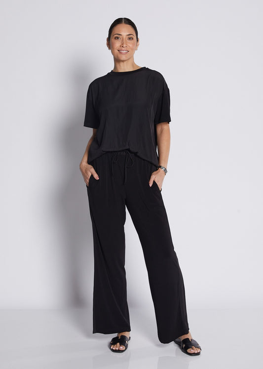 Jersey and Silky Spliced Relaxed Pant with Pockets in Black