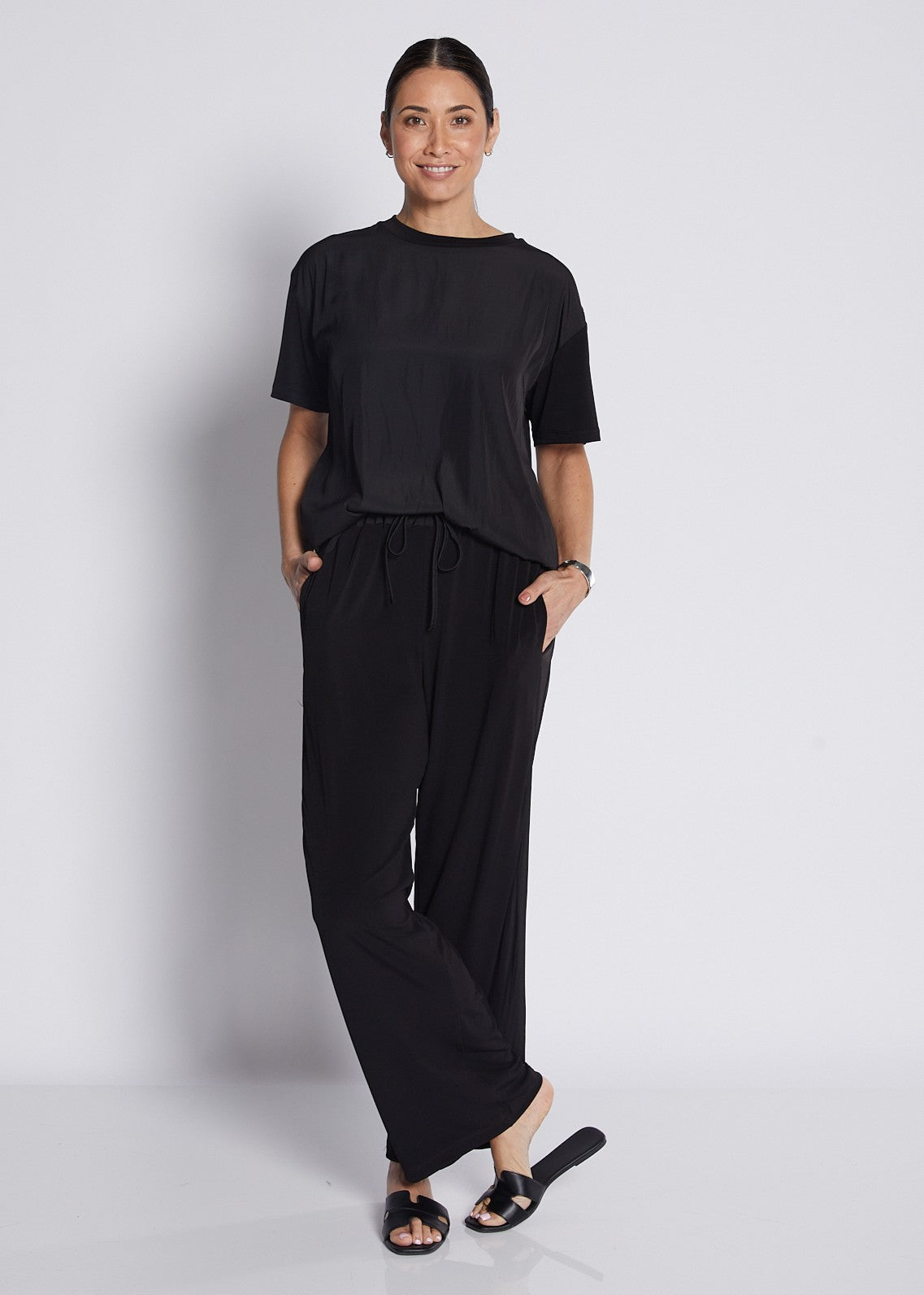 Jersey and Silky Spliced Relaxed Pant with Pockets in Black