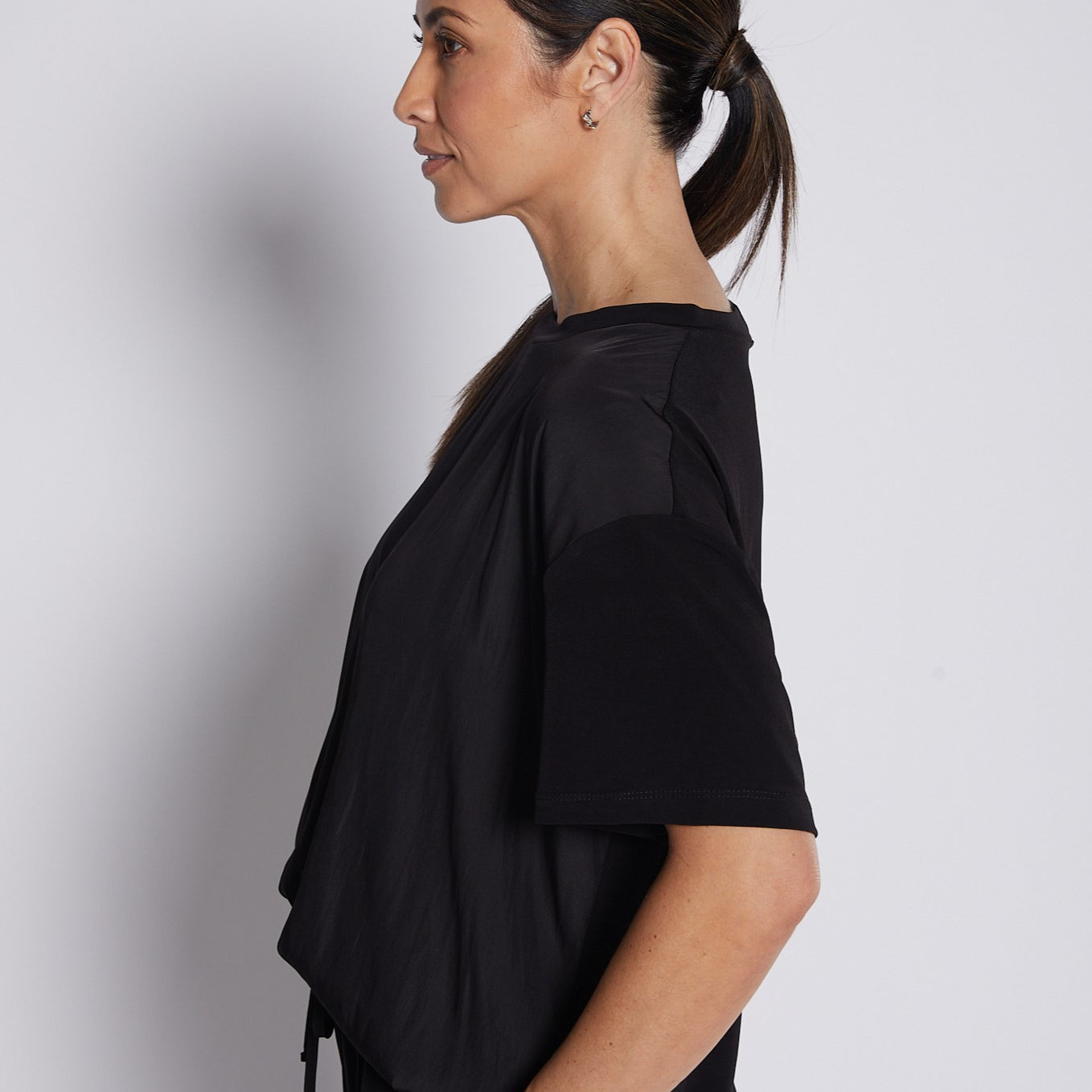 Jersey and Silky Short Sleeve Spliced Tee in Black