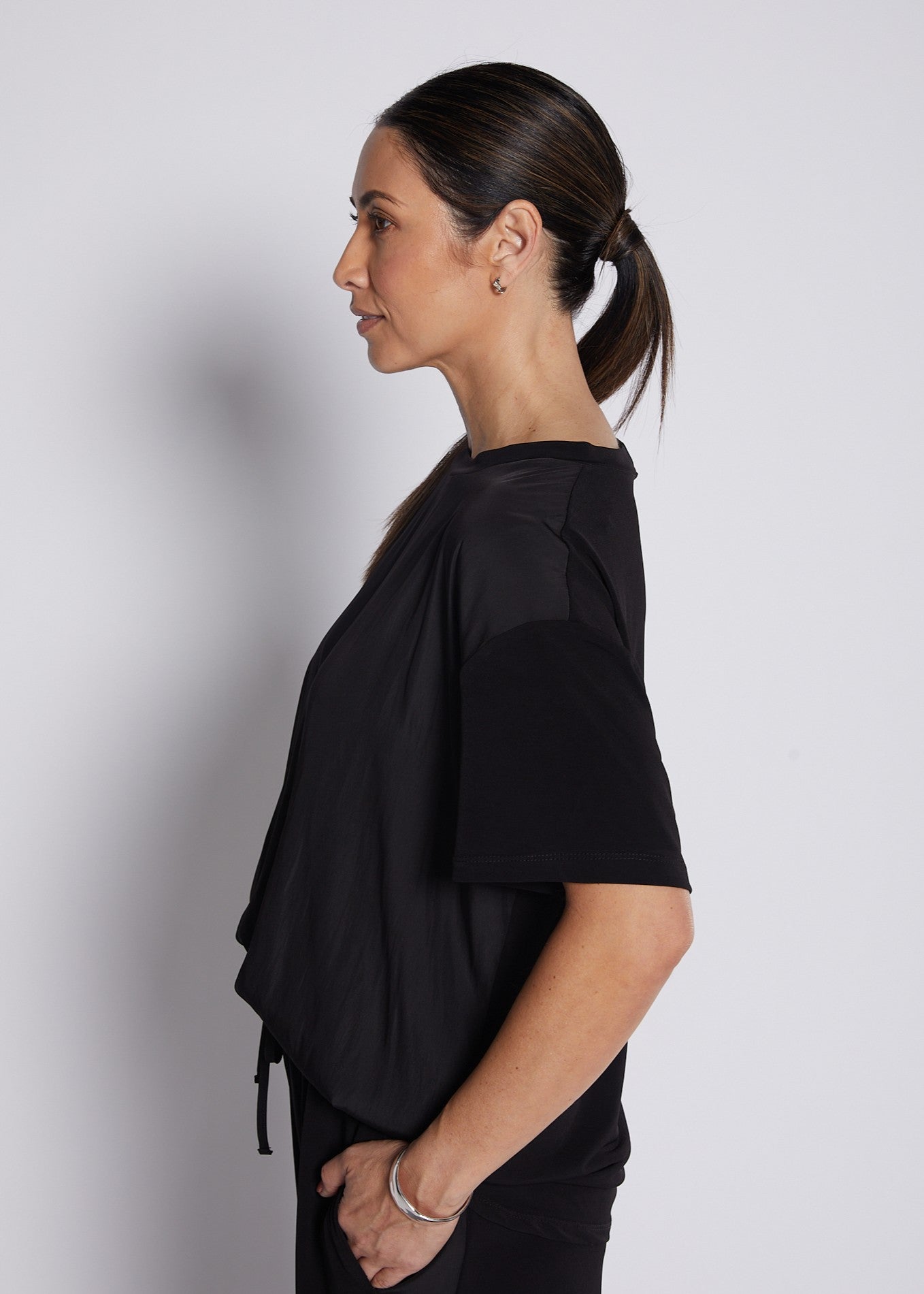 Jersey and Silky Short Sleeve Spliced Tee in Black
