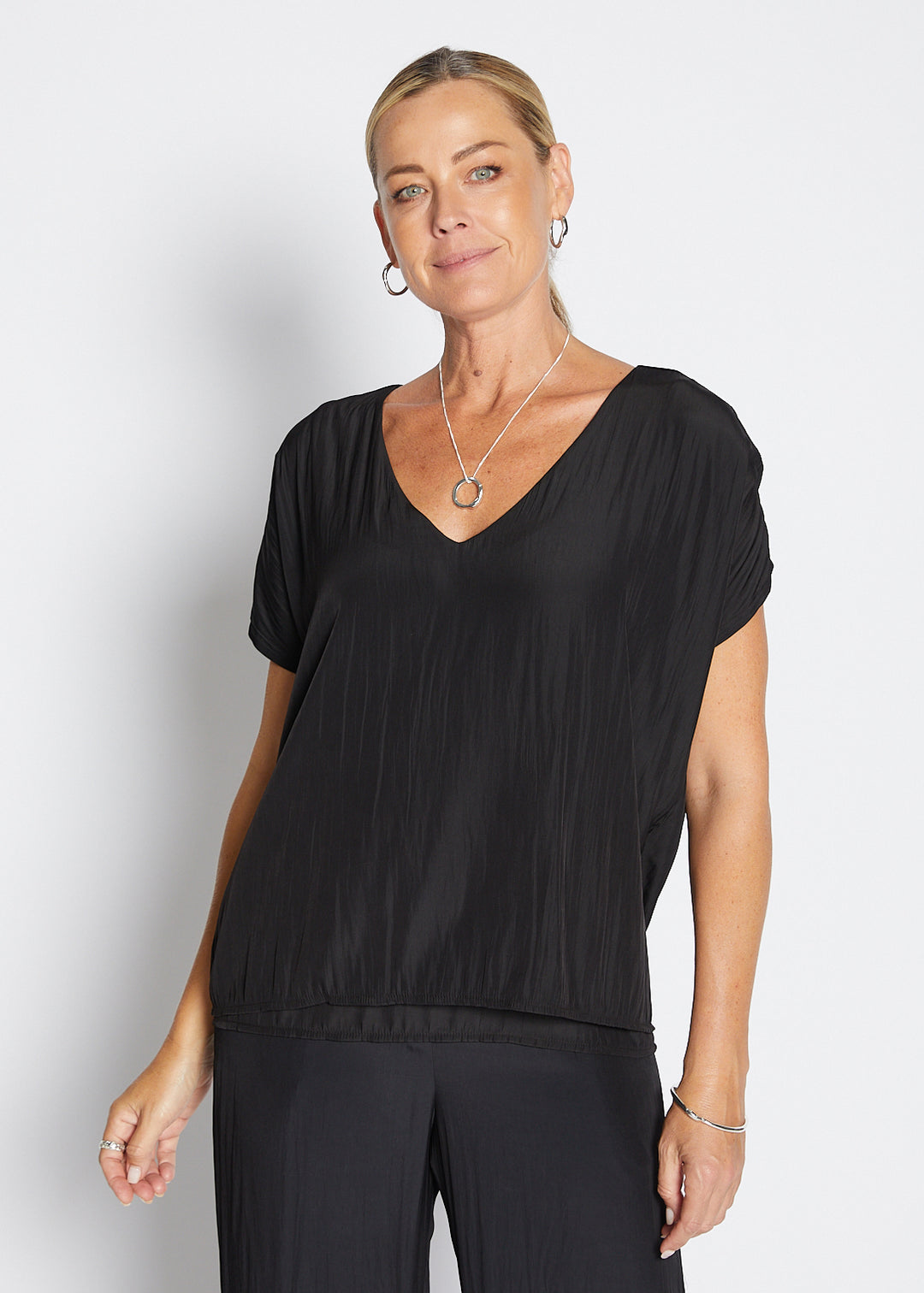 Philosophy Australia Dolly Lustre reversible layered top in black, made in Australia