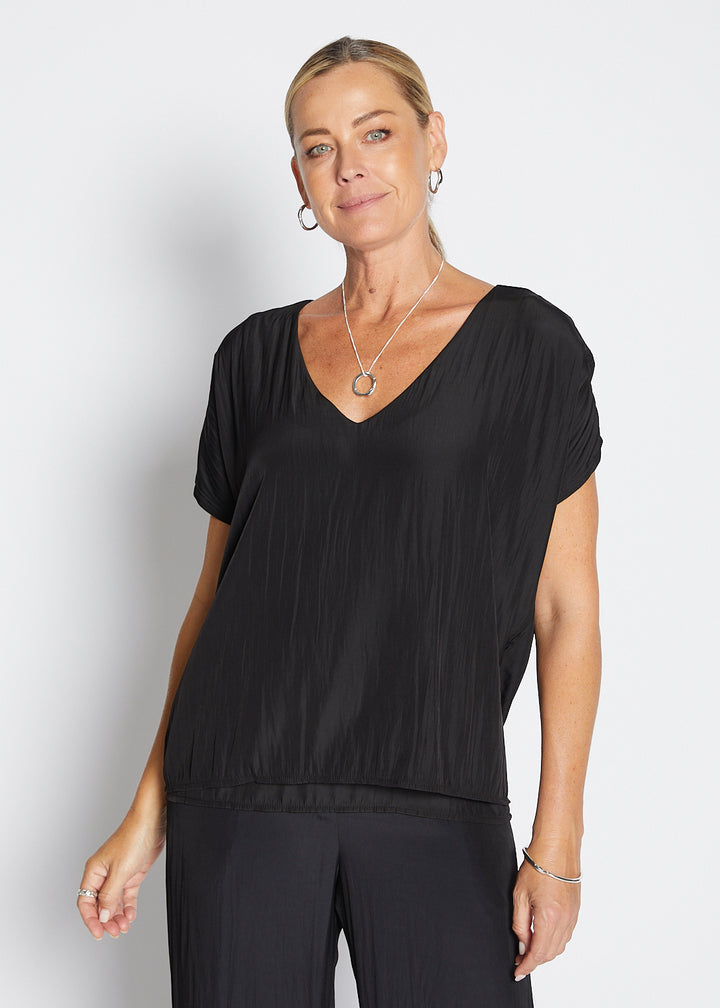 Philosophy Australia Dolly Lustre reversible layered top in black, made in Australia
