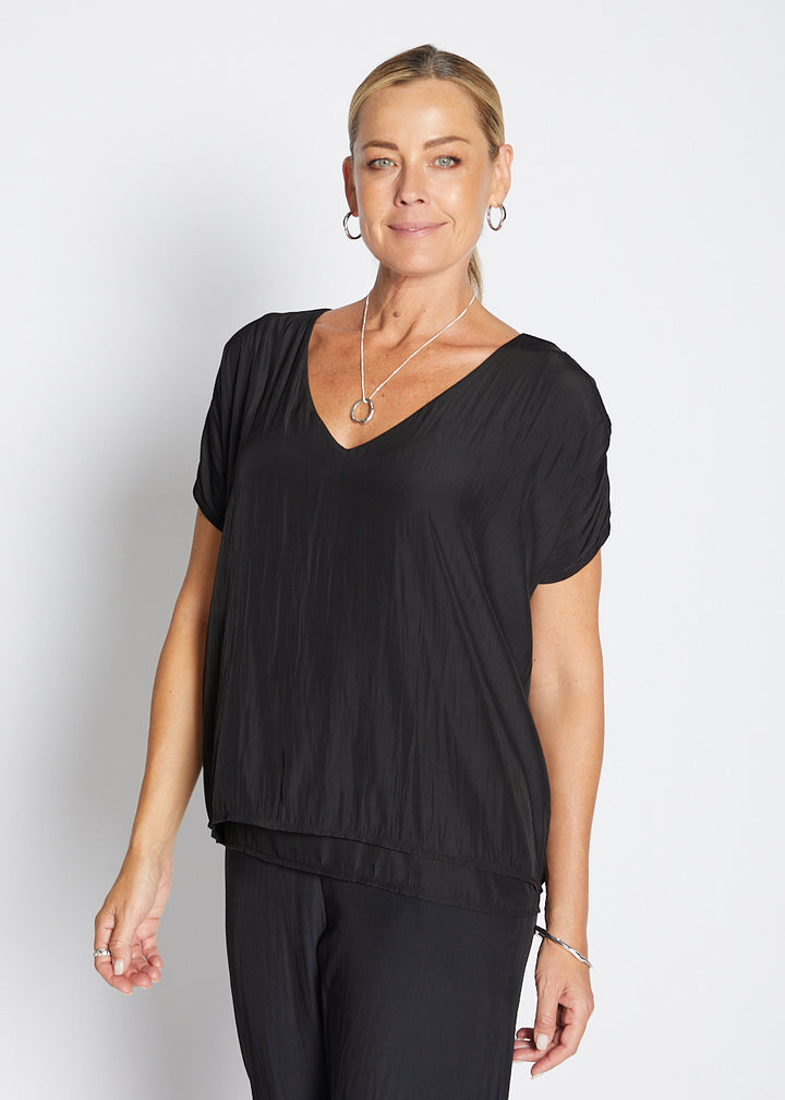 Philosophy Australia Dolly Lustre reversible layered top in black, made in Australia