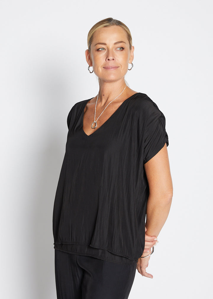Philosophy Australia Dolly Lustre reversible layered top in black, made in Australia