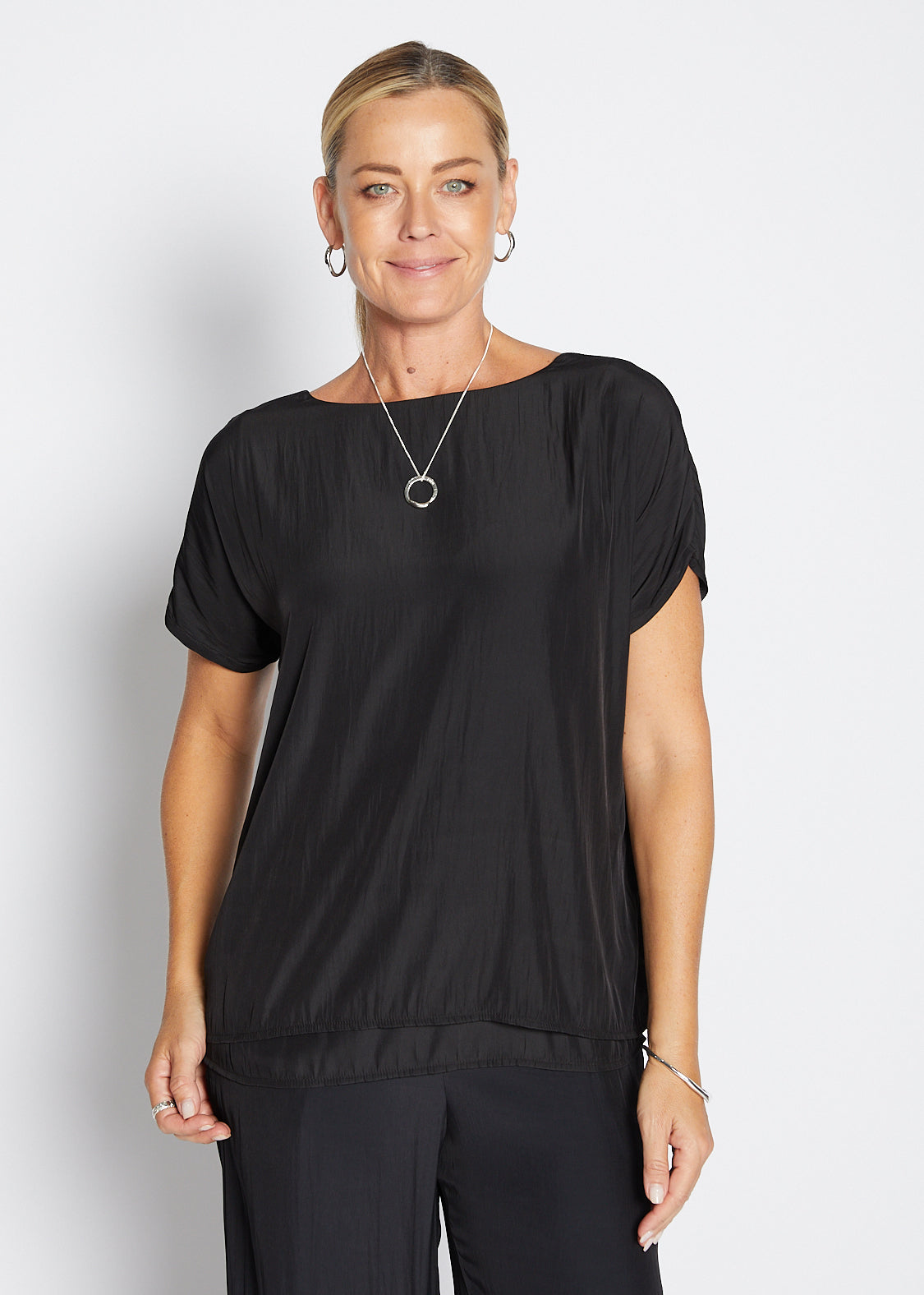 Philosophy Australia Dolly Lustre reversible layered top in black, made in Australia