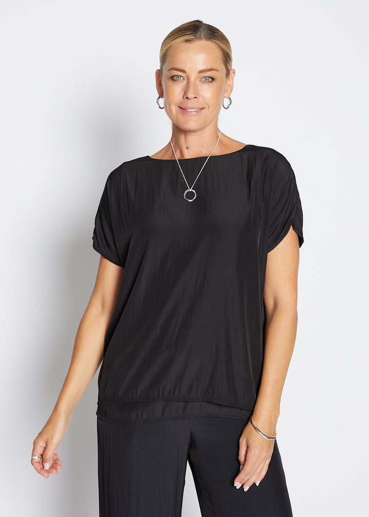 Philosophy Australia Dolly Lustre reversible layered top in black, made in Australia