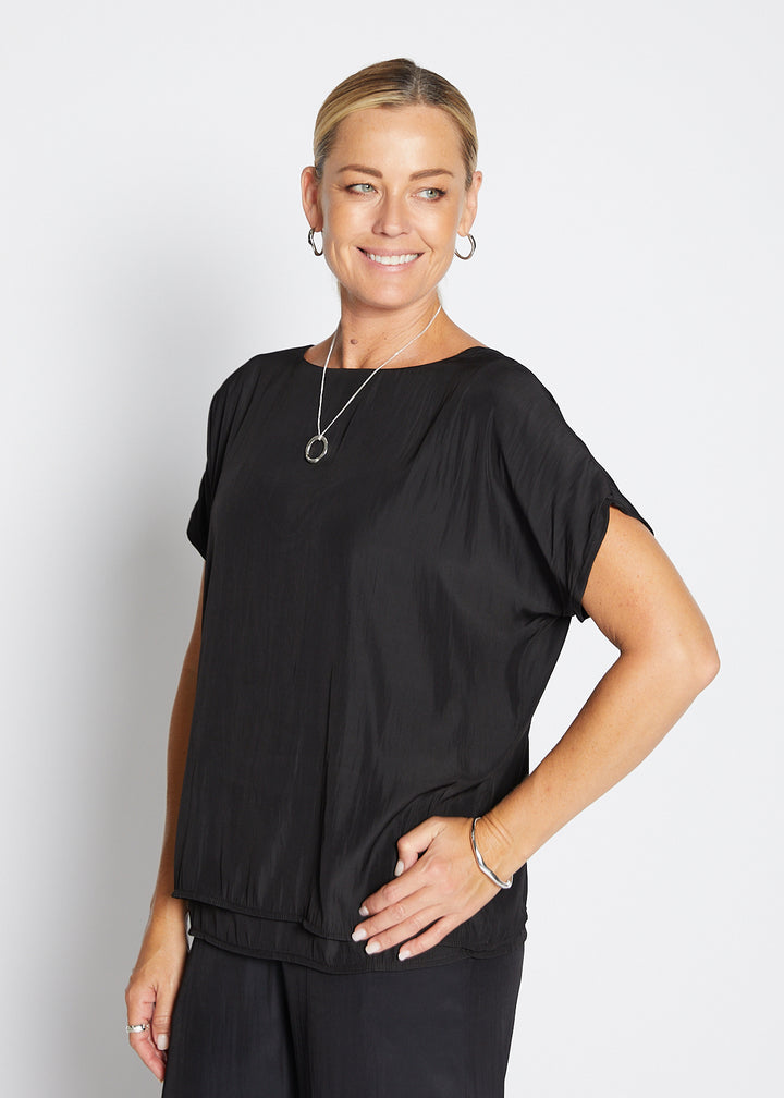 Philosophy Australia Dolly Lustre reversible layered top in black, made in Australia