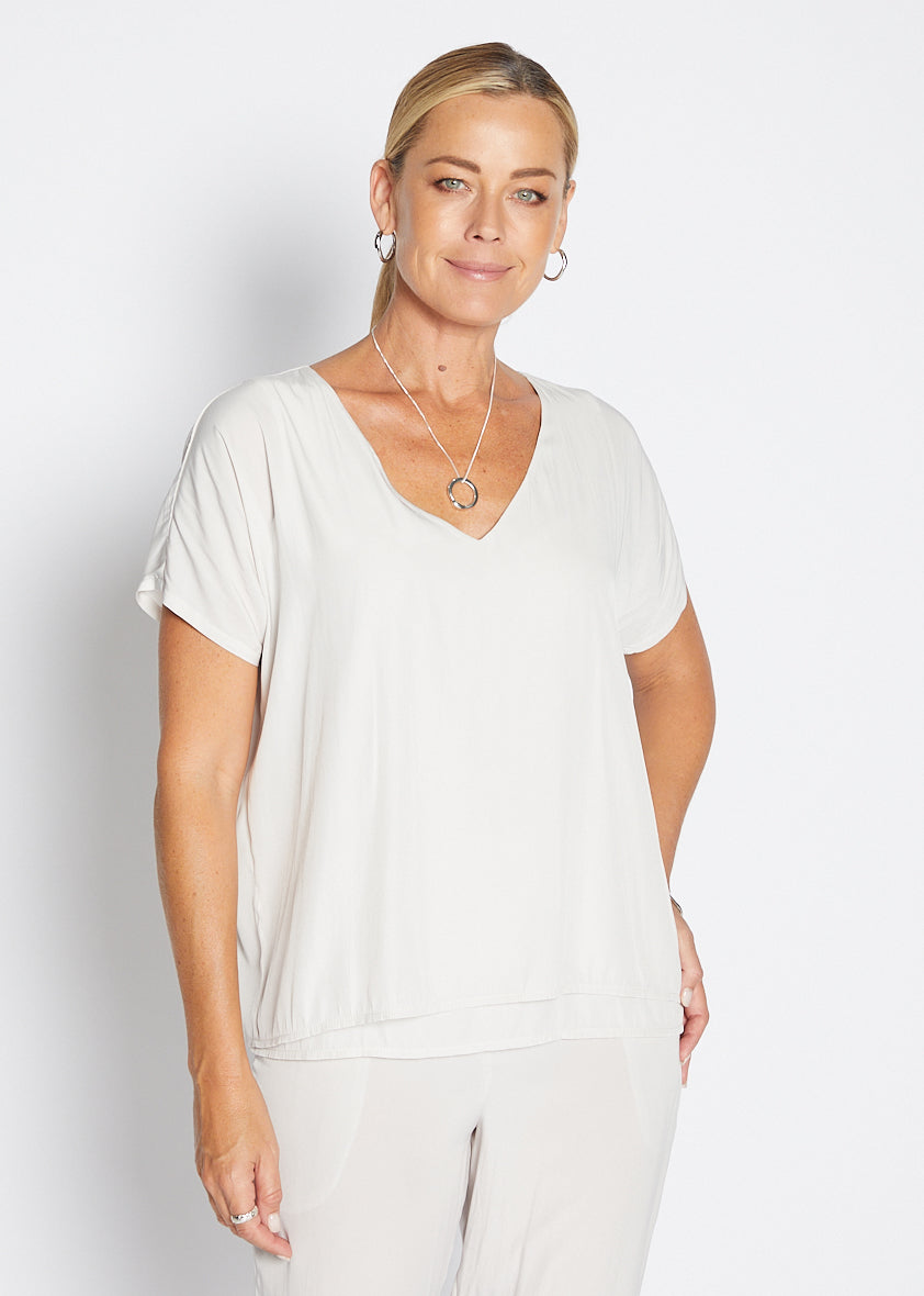 Philosophy Australia Dolly Lustre reversible layered top in stone, made in Australia