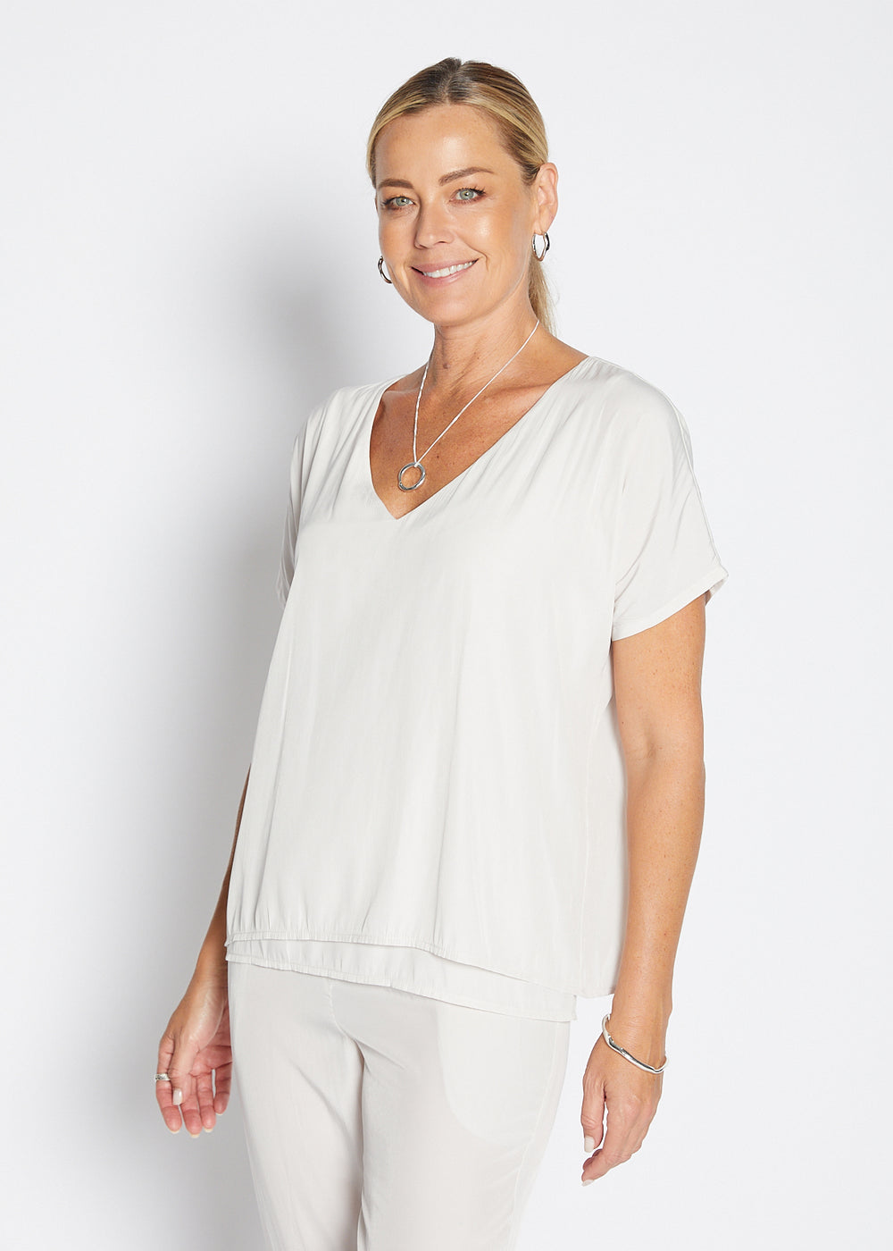 Philosophy Australia Dolly Lustre reversible layered top in stone, made in Australia