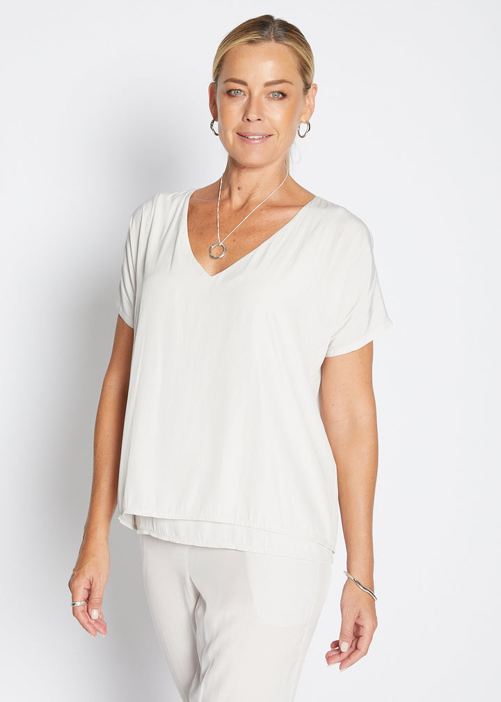 Philosophy Australia Dolly Lustre reversible layered top in stone, made in Australia