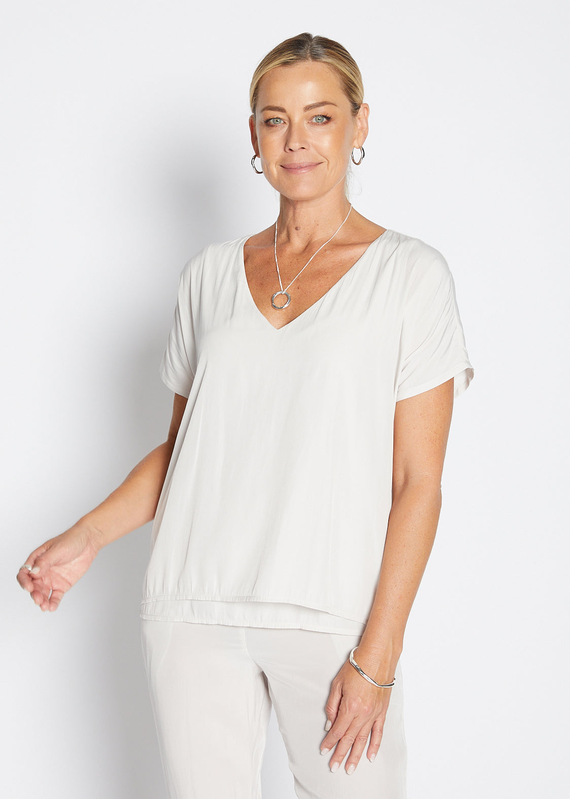 Philosophy Australia Dolly Lustre reversible layered top in stone, made in Australia