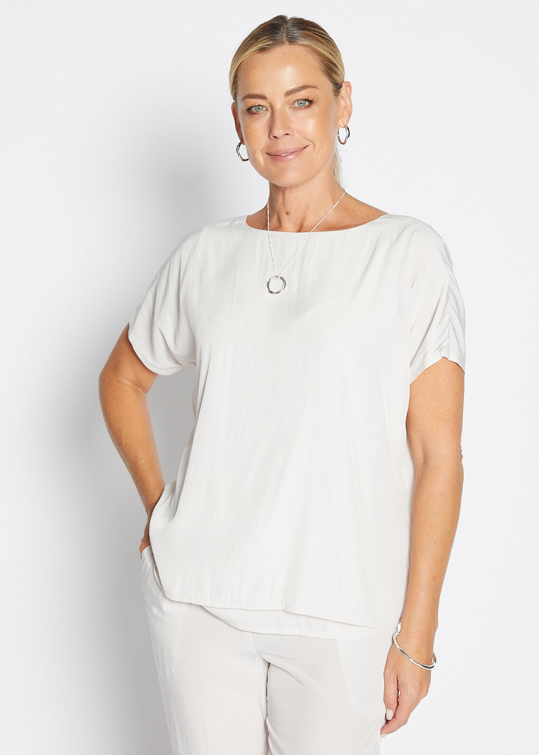 Philosophy Australia Dolly Lustre reversible layered top in stone, made in Australia