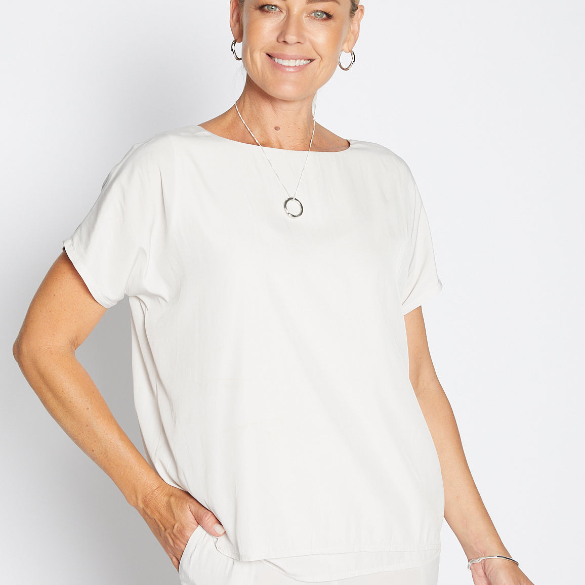 Philosophy Australia Dolly Lustre reversible layered top in stone, made in Australia