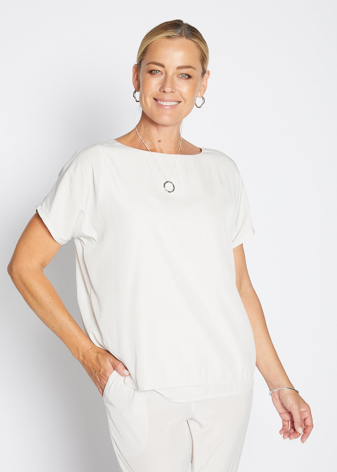 Philosophy Australia Dolly Lustre reversible layered top in stone, made in Australia