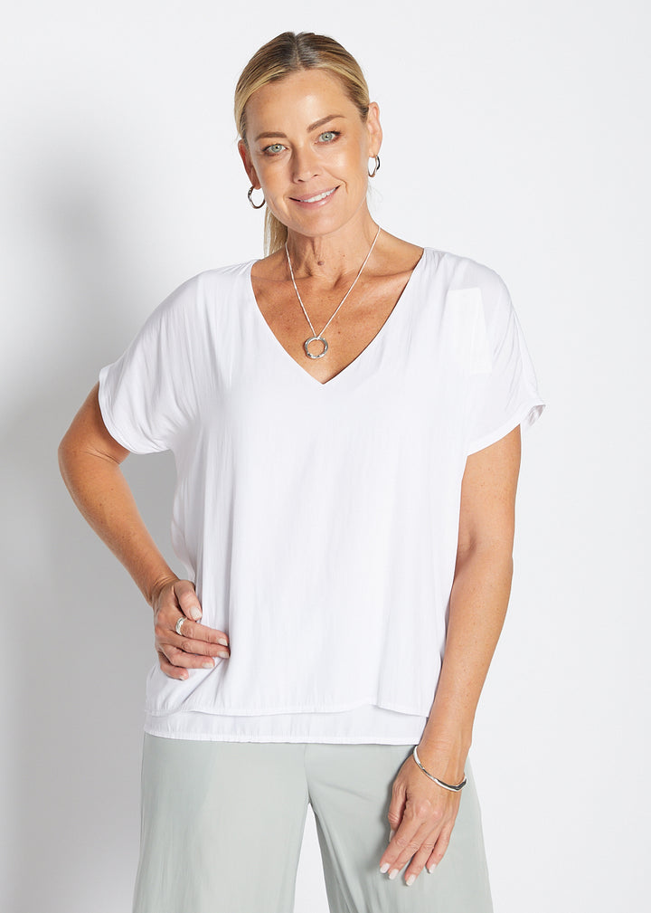 Dolly Lustre technical reversible layered top in white