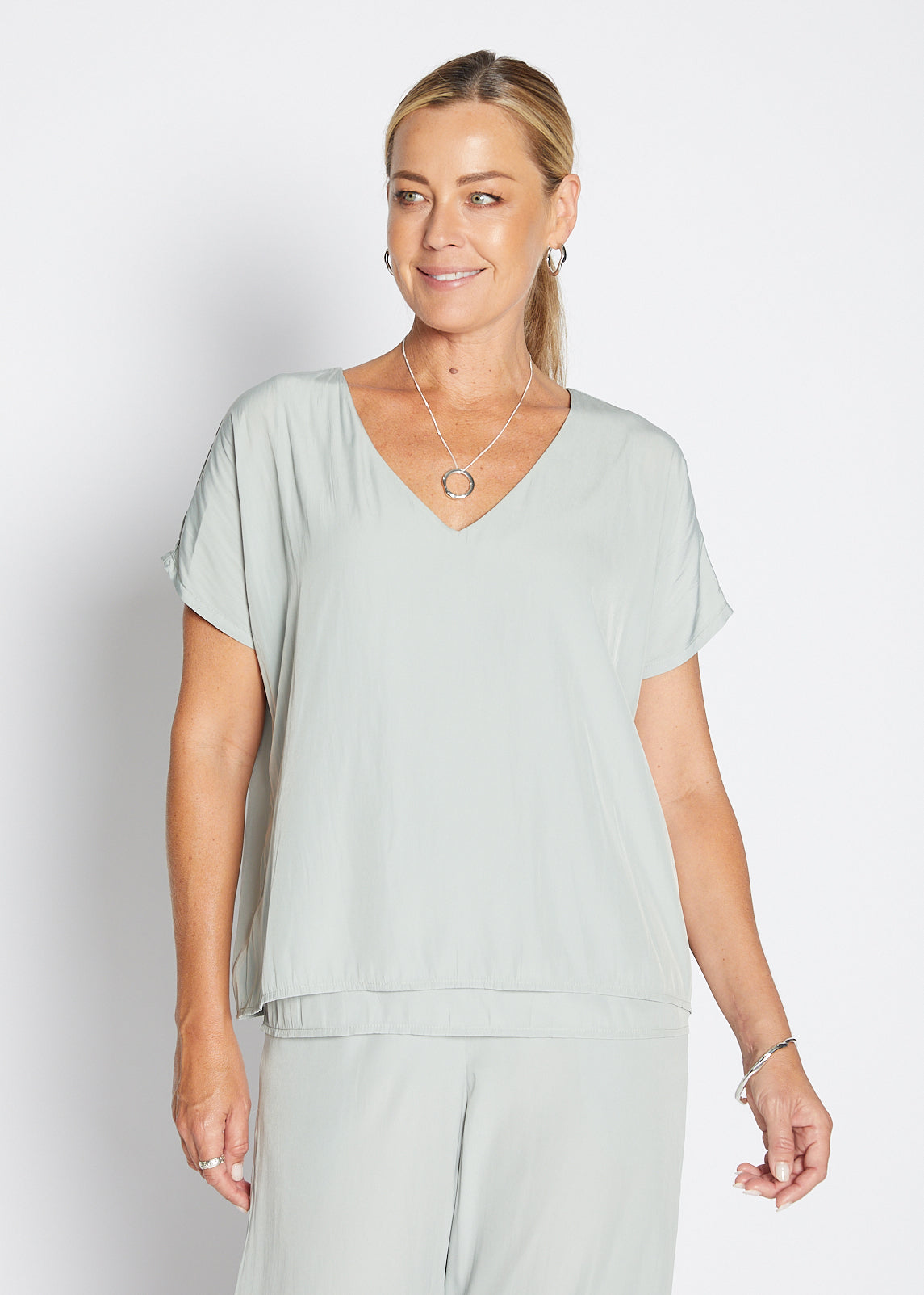 Philosophy Australia Dolly Lustre reversible layered top in sage, made in Australia