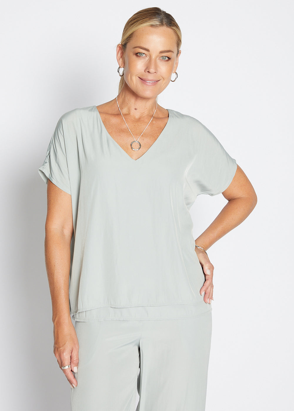 Philosophy Australia Dolly Lustre reversible layered top in sage, made in Australia