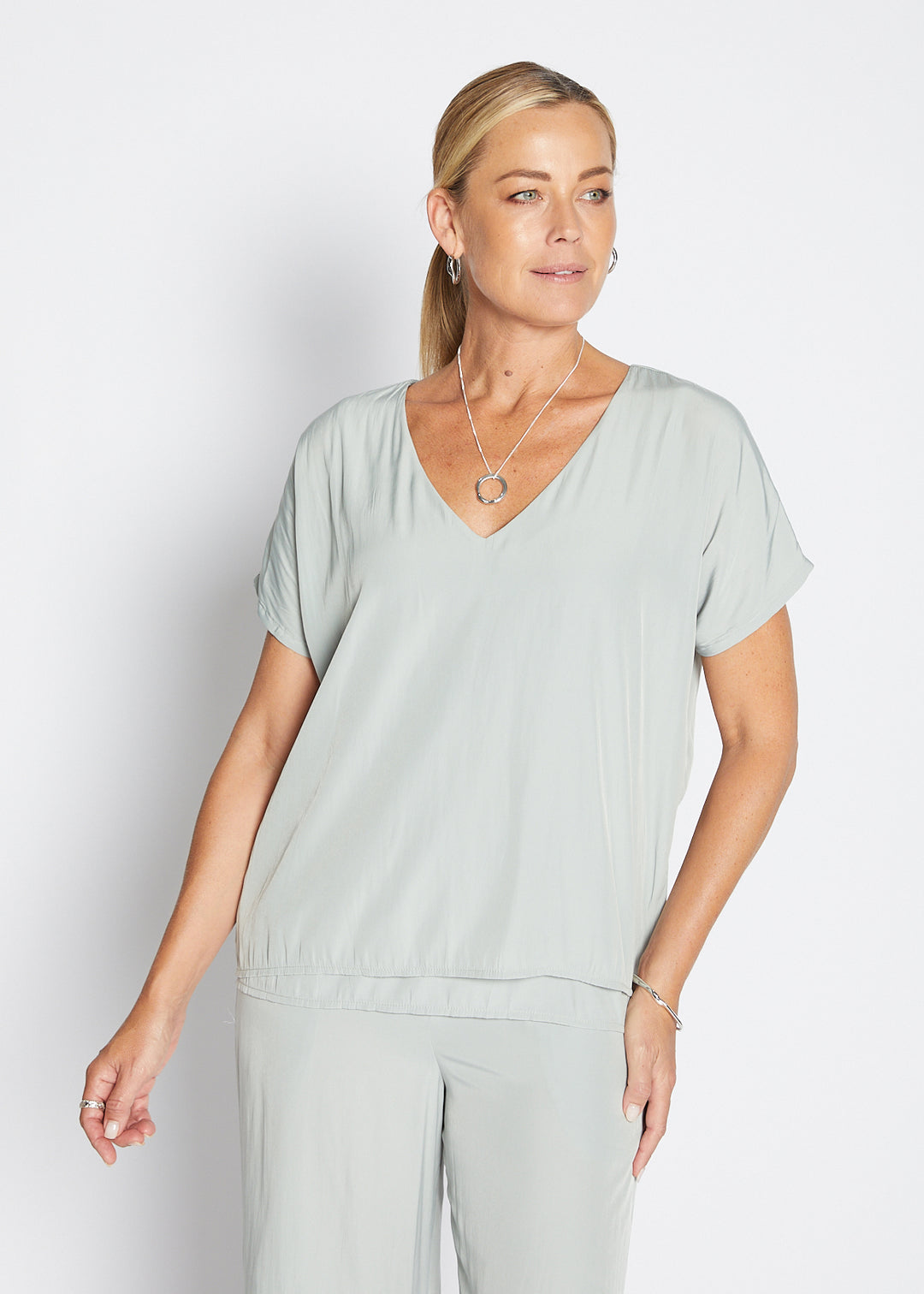 Philosophy Australia Dolly Lustre reversible layered top in sage, made in Australia