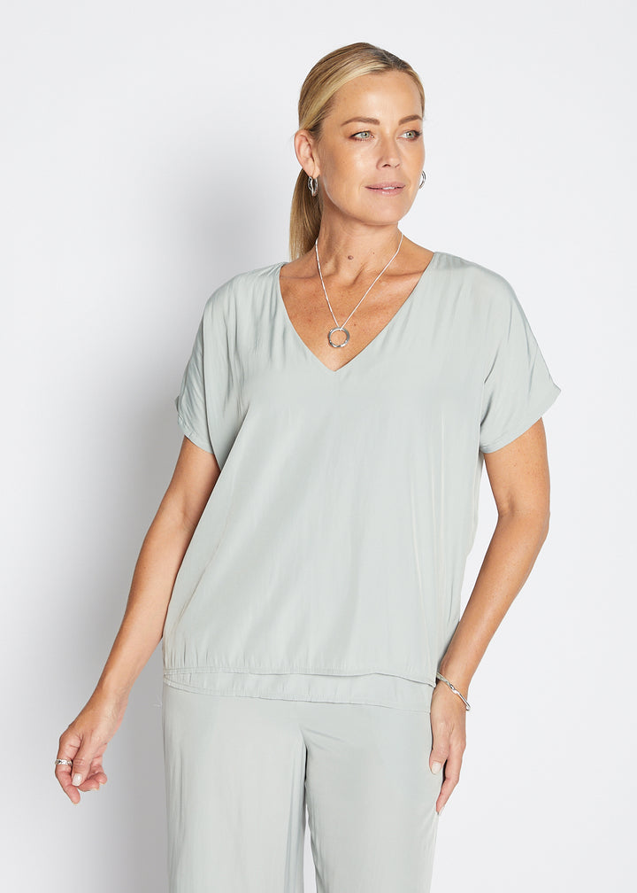 Philosophy Australia Dolly Lustre reversible layered top in sage, made in Australia
