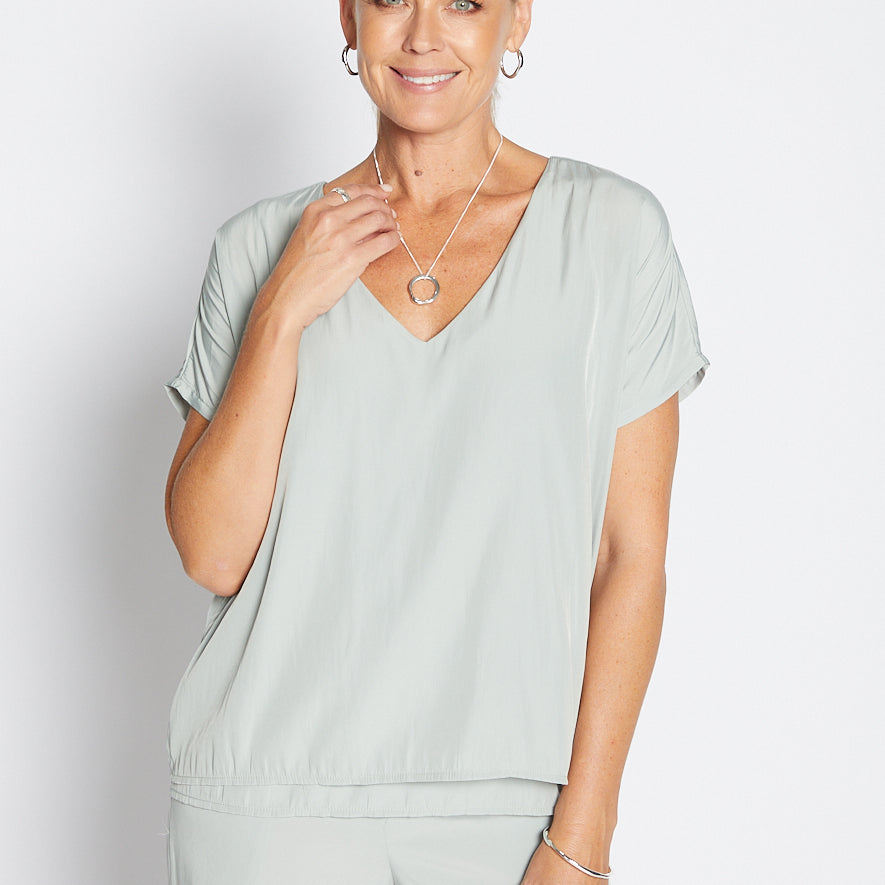 Philosophy Australia Dolly Lustre reversible layered top in sage, made in Australia